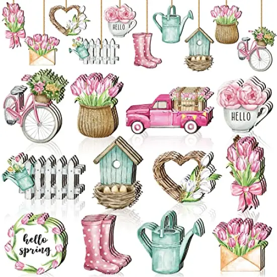 36 Pcs Spring Flower Wooden Ornaments Sunflower Tulip Lavender Tree Decoration Floral Gnome Hanging Wood Cutout Pastel Spring Decor for Home Small Tree Party(Sweet Spring) {1}