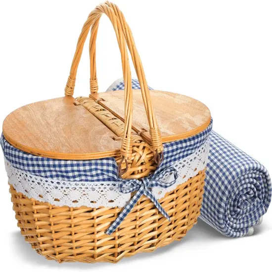 Wicker Picnic Basket with Blanket Set Vintage Picnic Basket with Lid and Handle Classic Picnic Box Sturdy Woven Body with Washable Lining Picnic Accessories for Outdoor Camping (Blue) {1}