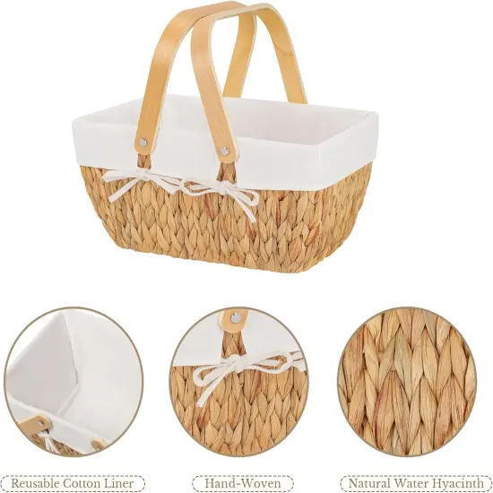 Wicker Basket with Handles, Wedding Decoration Easter Basket with Liner, Handcrafted Seagrass Picnic Basket for Camping, Outdoor {3}
