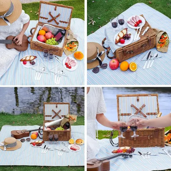 Picnic Basket Set for 2 Persons, Willow Hamper with Large Insulated Cooler Compartment, Waterproof Blanket and Cutlery Service Kit-Classical Brown {2}
