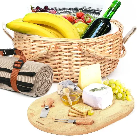 Dual Wicker Picnic Basket Set with Blanket for 2 - Unique Gifts Ideas for Couple, Engagement, Wedding, Bridal Shower, Family {1}