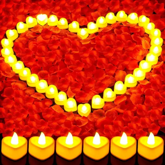 Rose Petals and Candles Set for Romantic Decoration, 3000 Pcs Red Rose Petals and 36 Pcs Heart Candle Lights for Special Night {1}