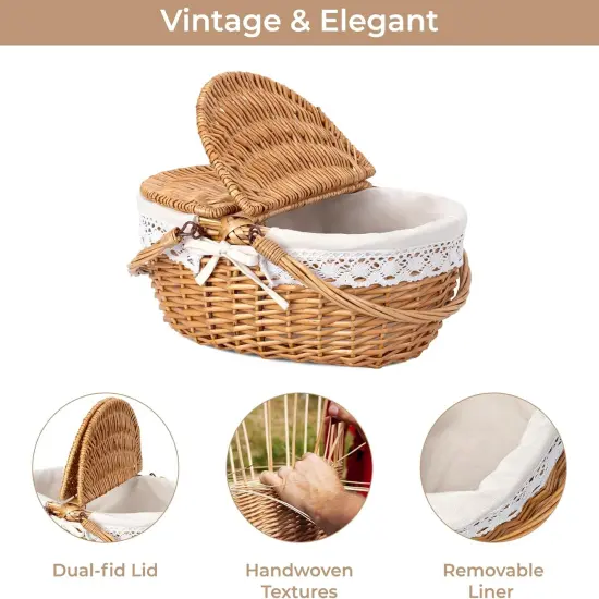 Picnic Basket, Wicker Basket with Lid, Woven Cute Basket with Handle, Storage Basket with Washable Lining & Dual-Flid Lid, Natural Willow Picnic Hamper, White Lining {4}