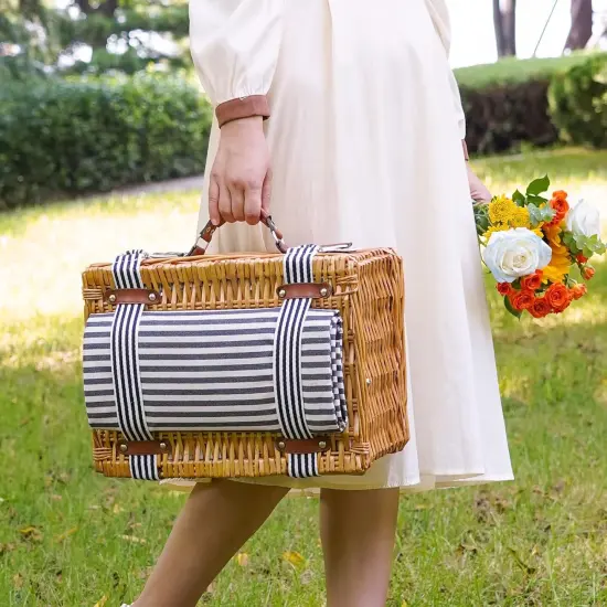 Wicker Picnic Basket Set for 4 Persons with Blanket,Handmade Willow Picnic Basket with Insulated Cooler & Cutlery Kit, Gift Basket {3}