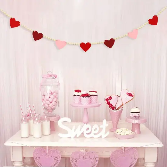 DAZONGE Valentines Day Decorations, Wood Bead Garland with Felt Hearts for Valentine Decor, Red and Pink Farmhouse Valentine&rsquo;s Day Banner for Wedding, Anniversary Decorations {2}