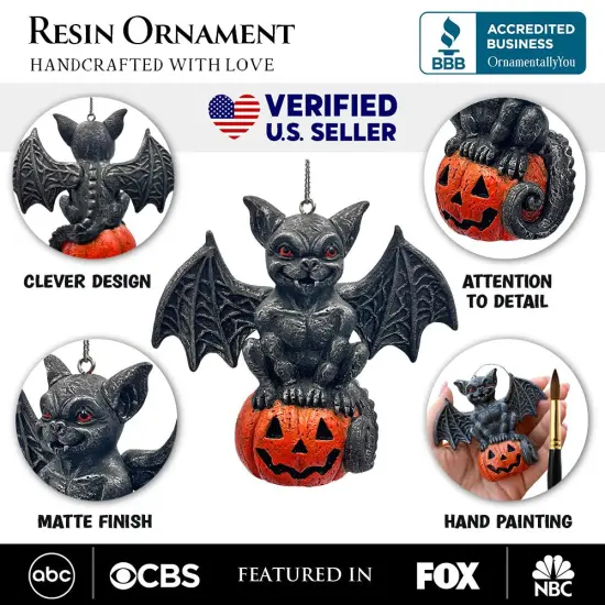Spooky Gargoyle on a Pumpkin Ornament, Goth Halloween Themed Tree Decor {3}