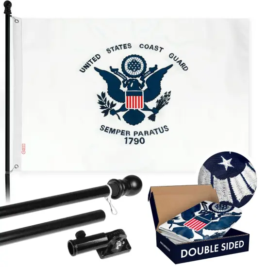 G128 - 6 Feet Tangle Free Spinning Flagpole (Black) US Coast Guard Double Sided Brass Grommets Embroidered 3x5 ft (Flag Included) Aluminum Flag Pole {1}