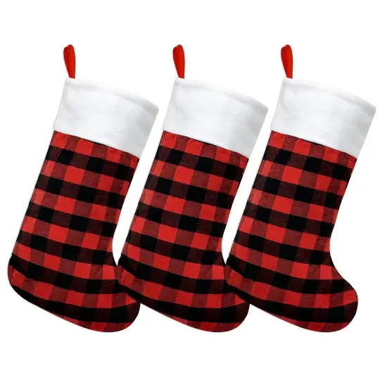Wrapables Christmas Buffalo Plaid Stockings With Plush White Cuff, Hanging Fireplace Holiday Decoration (Set of 3), Red {1}