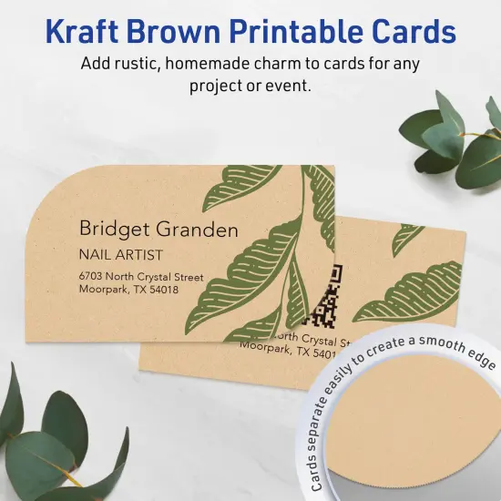 Avery Printable Leaf Business Cards, Sure Feed Technology, 2" x 3-1/2", Matte Kraft Brown Cardstock, Print-to-The-Edge, Laser/Inkjet Printable, 80 Total {9}