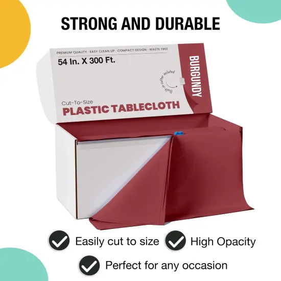  Party Solids 54" x 300' Plastic Table Cover Roll with Slide Cutter &ndash; Cut-to-Size Dispenser Box &ndash; Makes Up to 36 Disposable 8' Rectangle Tablecloths by Exquisite Burgundy {3}