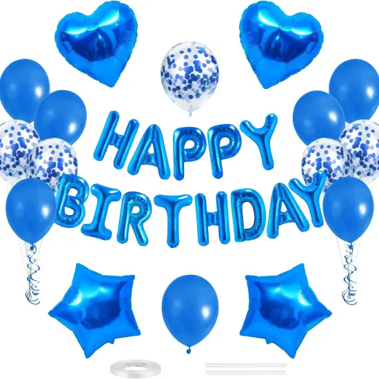 30 Pcs Blue -Happy Birthday Balloons Banner 16 Inch Mylar Foil Letters with Star & Heart {1}