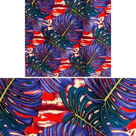 1 Yard All Over Monstera Leaf Rayon Poplin Fabric 36" x 45", Length x Width Purple/Teal/R {7}