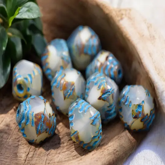 *15* 10x8mm Turquoise Washed White Opal PicassoFaceted Bicone Beads {2}