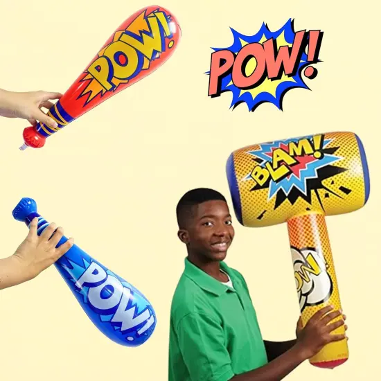 4E's Novelty 25 Piece Set Inflatable Baseball Bats With Pow Design, 12 Punch Balloons For Kids, 1 Huge 30" Bopper For Super Hero Birthday Bat, Carnival Prizes, And Baseball Bat Blow Up Fun, Ages 3+ {4}