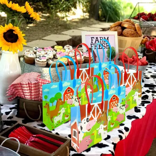 Tiny Mills Barnyard Farm Animals Party Favor Treat Bags with Handles, Farm Animal for Toddler Birthday Party Candy Bags Tractor Birthday Party Supplies Pack of 12 {5}