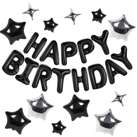 Happy Birthday Banner 13pcs 16 Inch Mylar Foil Letters with 12pcs Star Balloons Birthday Party Decorations for Kids and Adults - 3D Black {1}