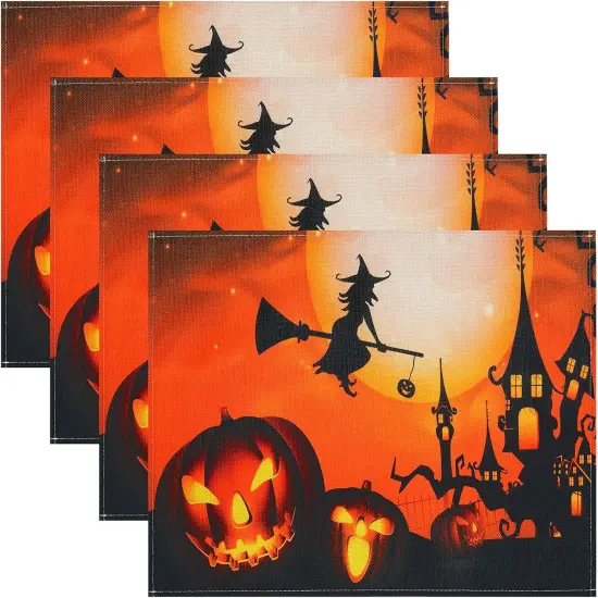 4 Pack Halloween Placemats Set Witch Pumpkin Washable Table Place Mats(Multicolor) {1}