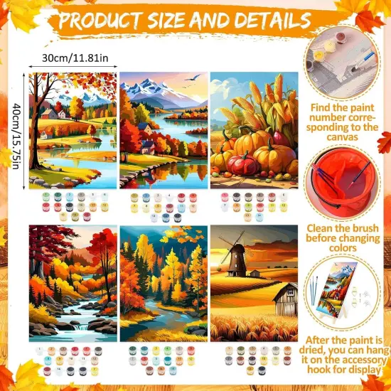 6 Sets Pre Drawn Paint by Numbers Kit - 16x12 Inch - Autumn {2}