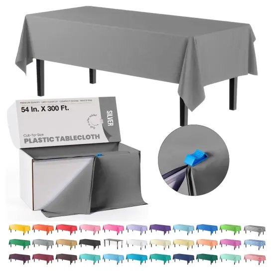  Party Solids 54" x 300' Plastic Table Cover Roll with Slide Cutter &ndash; Cut-to-Size Dispenser Box &ndash; Makes Up to 36 Disposable 8' Rectangle Tablecloths by Exquisite Silver {1}