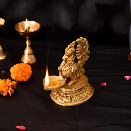 Brass Peacock Diya Annam Deepak Idol Oil Lamp Deepam with Base for Home Temple Mandir Office Diwali Decoration Kathu Vilakku Puja Diya - Deepawali Housewarming Return Gift {4}