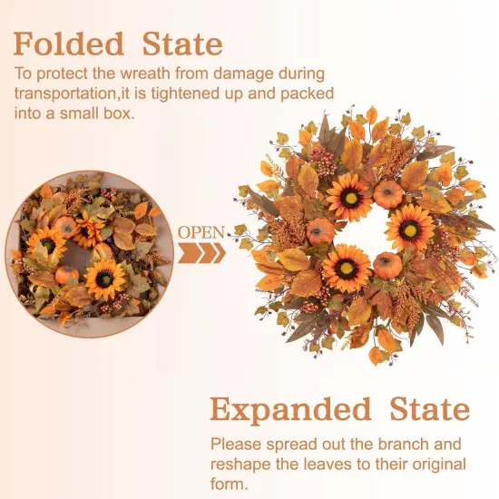 Fall Wreaths for Front Door, 24IN Sunflower Wreath, Artificial Autumn Pumpkin Harvest Floral Wreath, Thanksgiving Home Decor for Porch Farmhouse Outdoor Indoor {3}