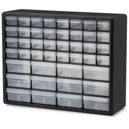 Black Polystyrene Fishing Storage Cabinet with 44 Clear Divided Drawers and Wall-Mount {1}