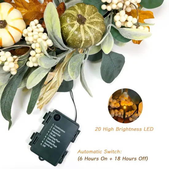 20'' Fall Wreath with Lights, Eucalyptus Pumpkins Autumn Wreaths {2}