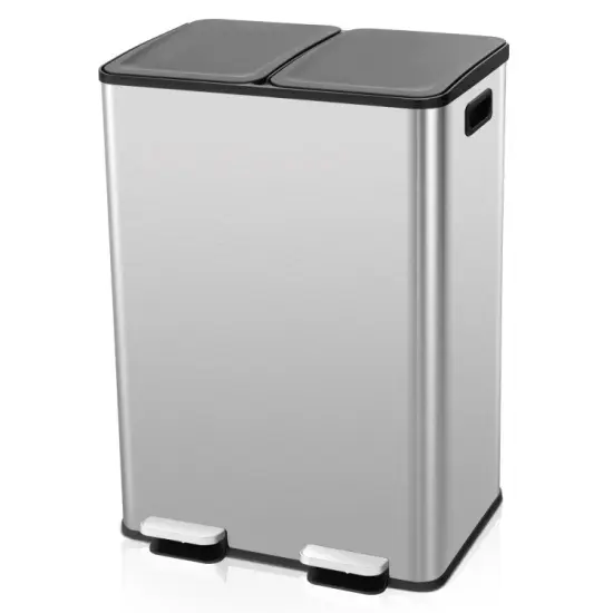 Silver Stainless Steel Dual 8-Gallon Trash Can with Step Pedal, Deodorizer and Slow Close Lid {1}