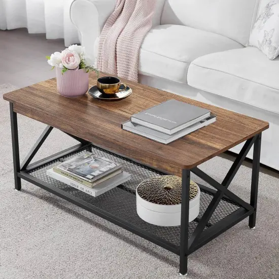39.4" Modern Metal X Coffee Table with Brown Wood Grain Finish and 2-Tier Storage Shelf {1}