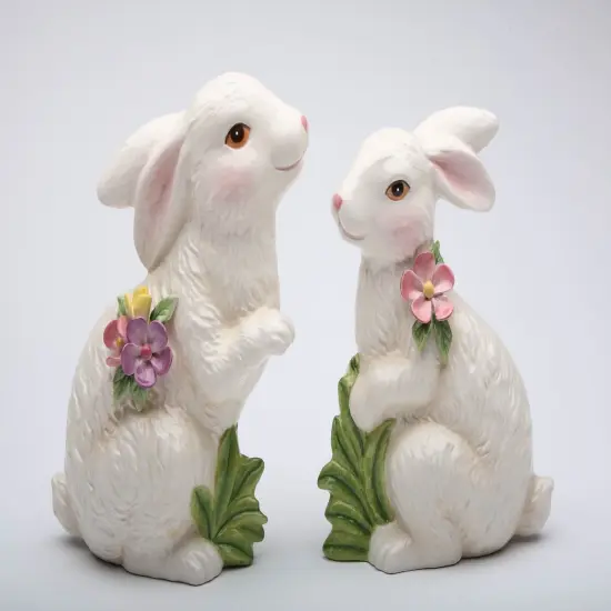 Springtime Bunnies: Cute Easter Rabbits with Flowers Figurines, Set of 2 {3}