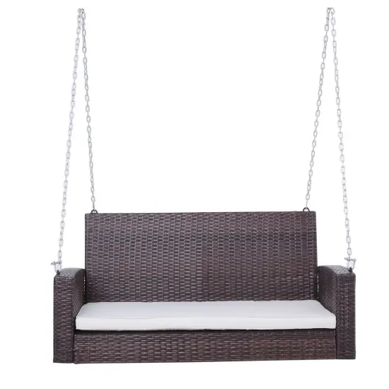Espresso Wicker Porch Swing 7ft with Hanging Chain and Cushion {2}