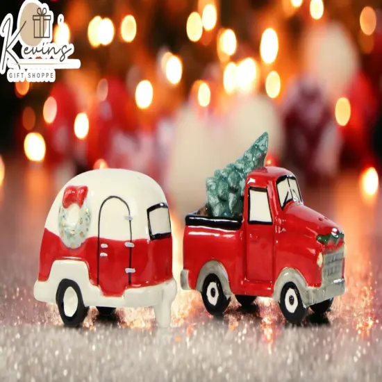 Ceramic Red Truck with Christmas Tree & Trailer Salt And Pepper Shakers, Home D&eacute;cor, Gift for Her, Gift for Mom, Kitchen D&eacute;cor {1}