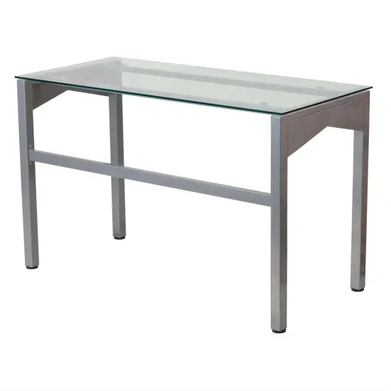 Silver Powder-Coated Steel Rectangular Writing Desk with Clear Tempered Glass Surface {2}