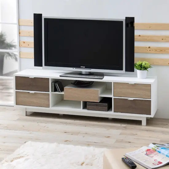 Modern 70-Inch White TV Stand with Natural Wood Shelves & Storage {1}