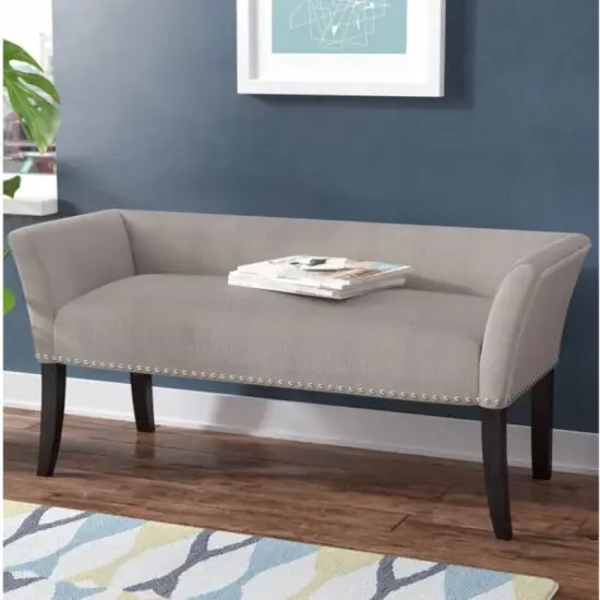 Modern Grey Entryway Bench with Curved Seat and Flared Wood Legs {3}