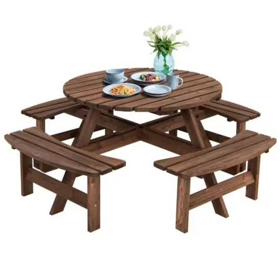 Espresso Round 8-Seater Fir Wood Picnic Table with Umbrella Hole Perfect for Backyard Gatherings {3}