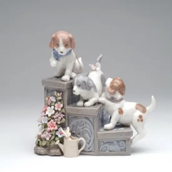 Ceramic Three Puppies On Garden Steps Music Box, Home D&eacute;cor, Gift for Her, Gift for Mom, Kitchen D&eacute;cor, Dog Lover Gift, Pet Loss Gift {3}