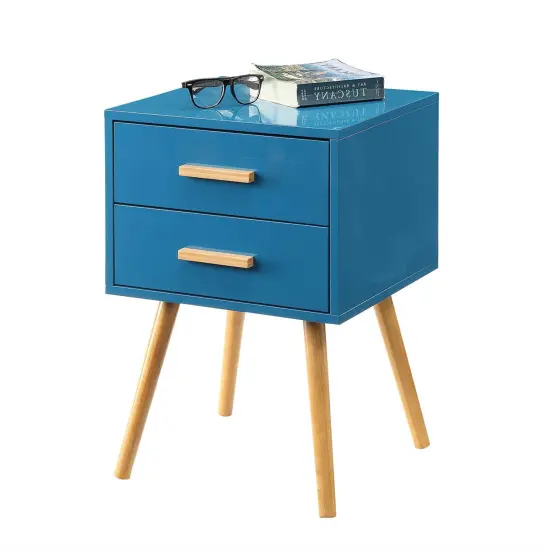 Modern Blue Piano Finish End Table Nightstand with 2 Storage Drawers and Solid Wood Legs {1}