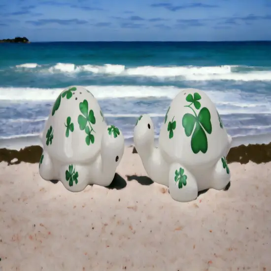 Ceramic Turtles with Shamrock Design Salt and Pepper Shakers, Home Décor, Gift for Her, Mom, Kitchen Décor, Irish Saint Patrick’s Day Décor {2}