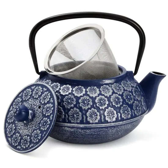 Japanese Cast Iron Teapot with Infuser for Loose Leaf and Tea Bags, Kettle Includes Handle and Removable Lid (Blue, 34oz) {1}