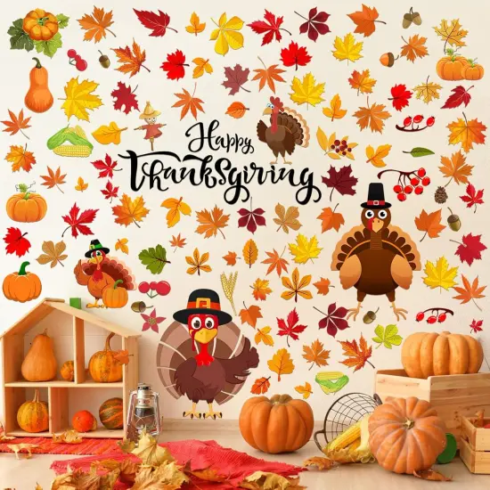 142 Pcs Fall Wall Decals Thanksgiving Wall Stickers Autumn Leaves Decoration {1}