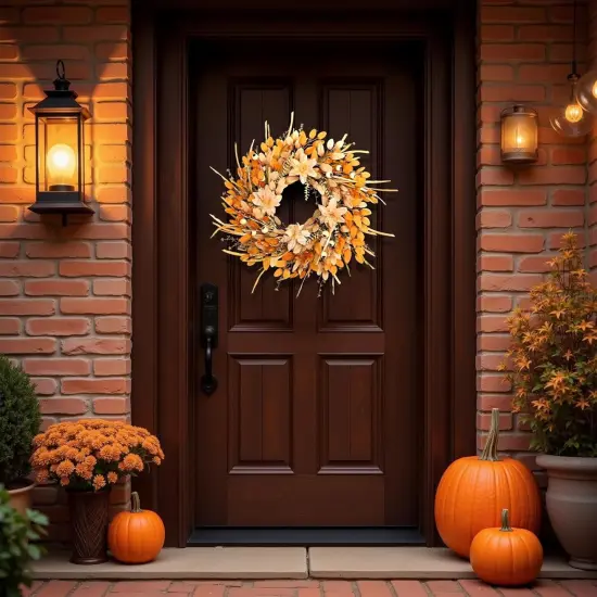 24 Inch Artificial Fall Autumn Wreath with Lotus Flowers {5}