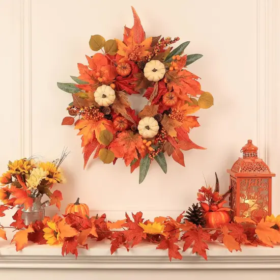21" Fall Wreath with Maple Leaves and Pumpkin Berries {2}