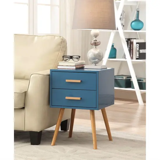 Modern Blue Piano Finish End Table Nightstand with 2 Storage Drawers and Solid Wood Legs {2}