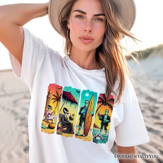 Frankenstein's Beach Vacation T-Shirt, Retro Neon Surf Style Tee for Horror Fans with Summer Vibes {5}