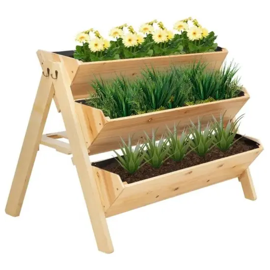Light Brown Fir Wood 3-Tier A-Frame Planter Box with Hooks and Drainage {1}