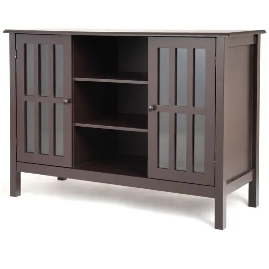 Brown Wood Console Cabinet with MDF Chipboard Frame and Tempered Glass Doors Storage Space {4}