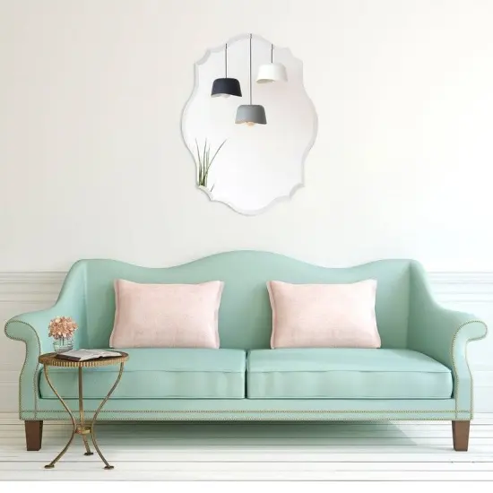 White Beveled Frameless Accent Mirror with Scalloped Corners and Curved Edges {5}