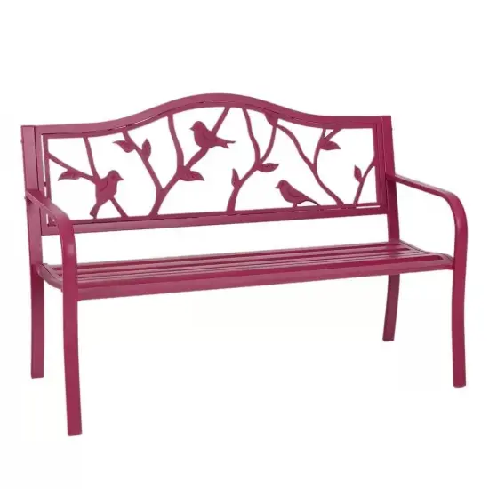Red Metal Outdoor Garden Bench with Bird Backrest for Patio Decor {2}