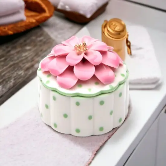 Ceramic Dotted Jewelry Box with Pink Flower, Home D&eacute;cor, Gift for Her, Gift for Mom, Spring D&eacute;cor, Vanity Decor {1}